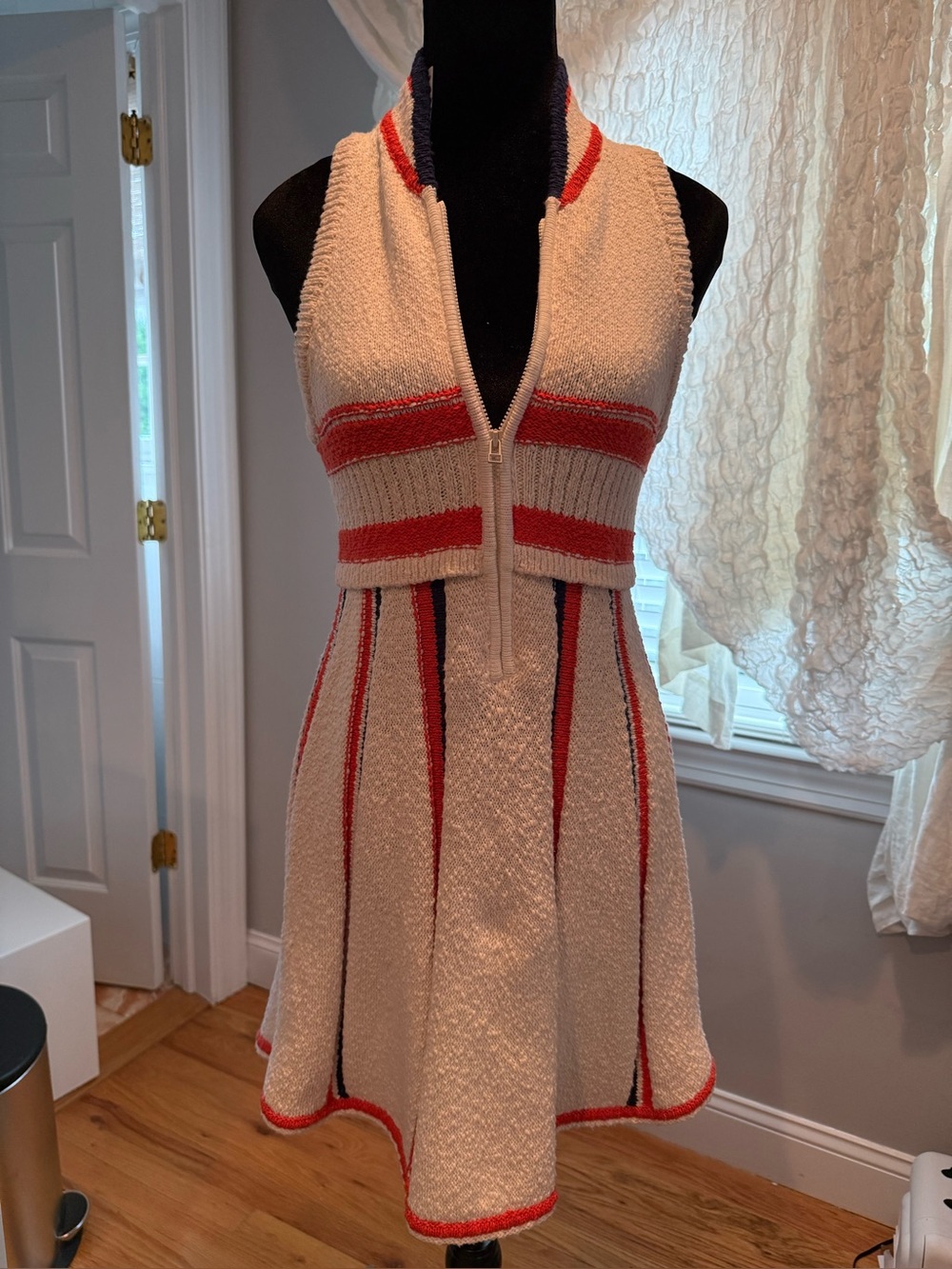 Anthropologie Cream Knit Mini Dress with Red and Navy Stripe Accents